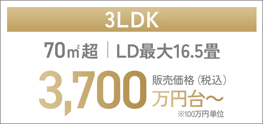 3LDK 70㎡超 LD最大16.5畳 3,700万円台~